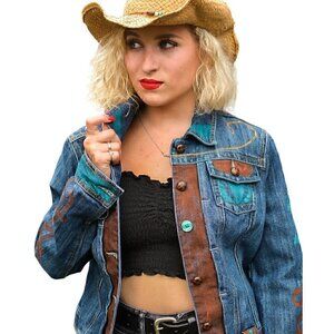 Vintage denim, blue jean jacket with hand painted western images, cowboy…
